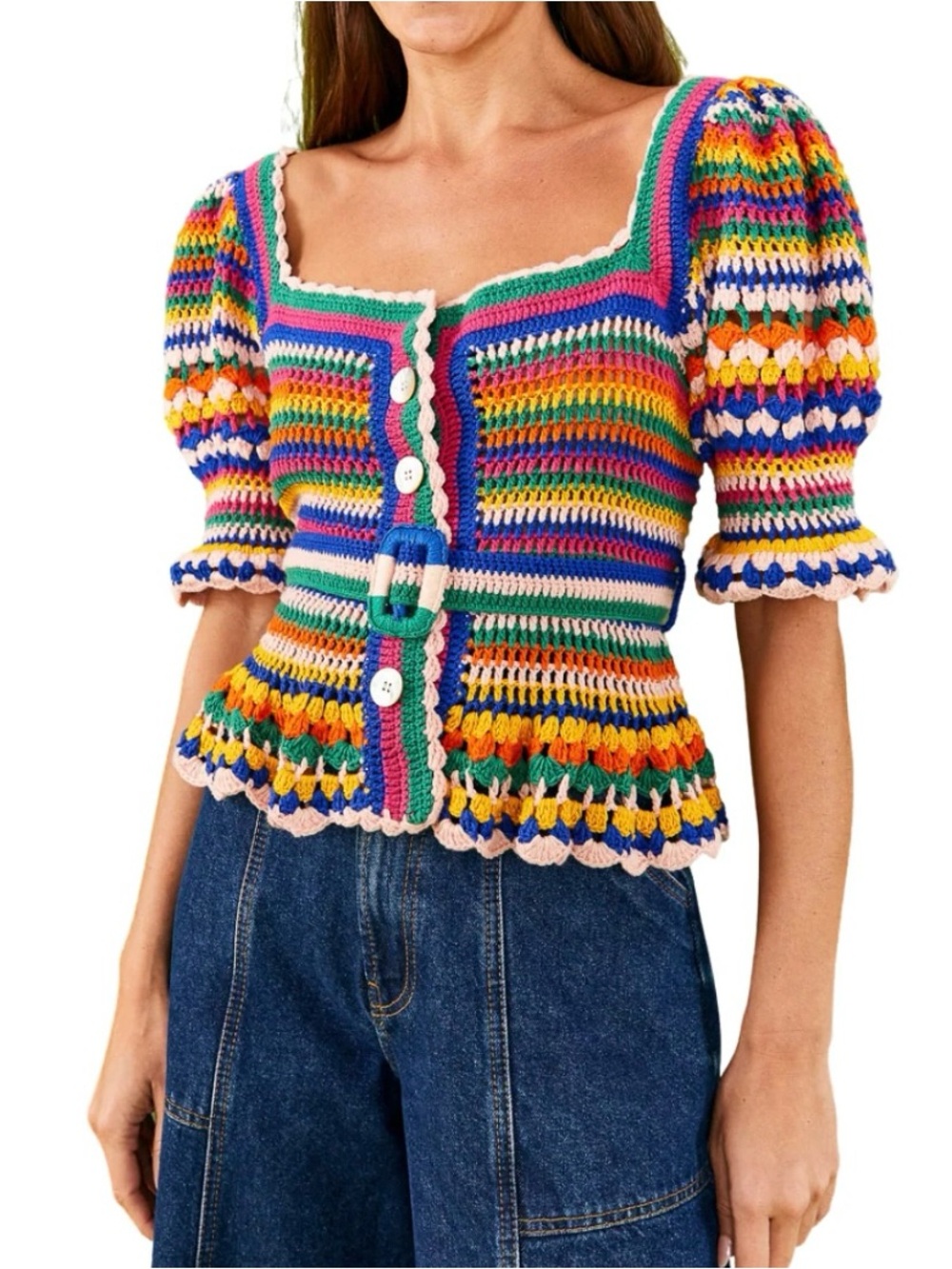 FARM Rio Multicolor Stitches Crochet Blouse Size L